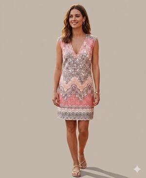 Warehouse Pink Floral Cotton V-Neck Mini Shift Dress Feminine Women's Size 4